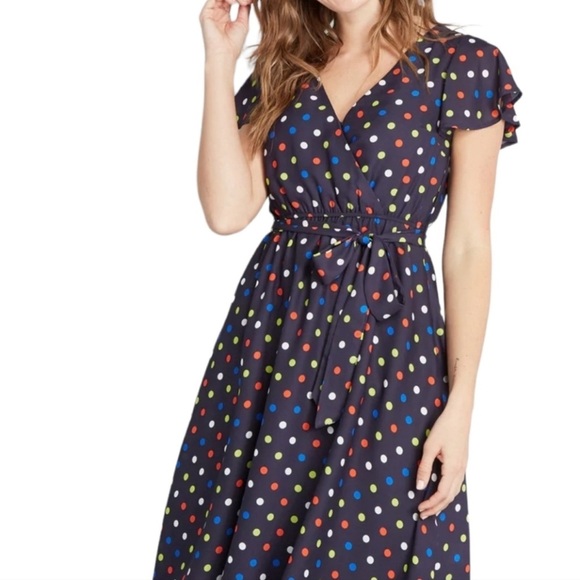 ModCloth Fits Of Bliss Tie Waist Dress Womens Size 1X Blue Polka Dot Faux Wrap - Picture 2 of 14